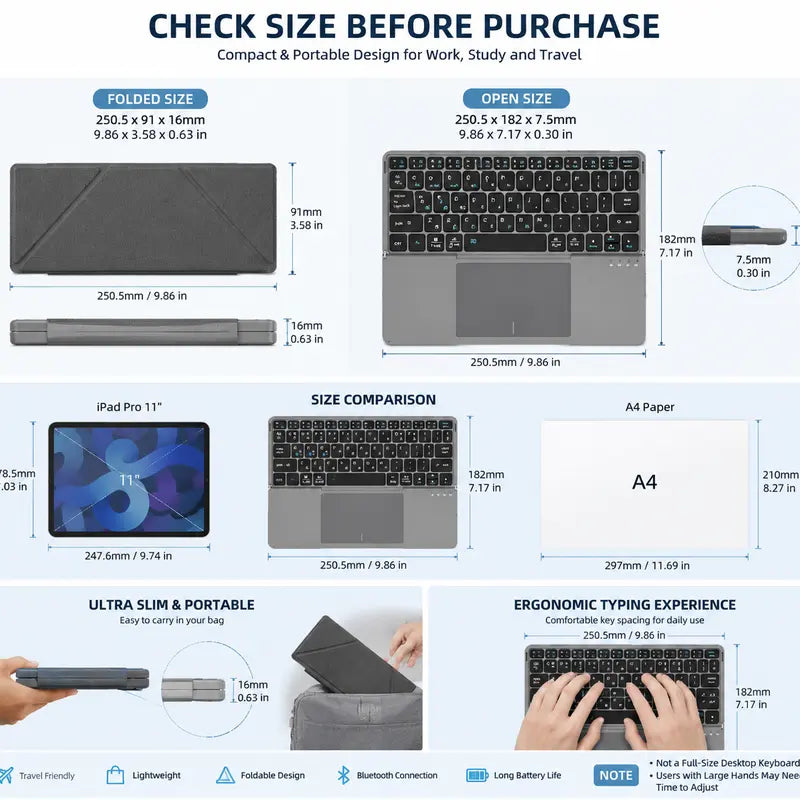Foldable Bluetooth External Keyboard with Detachable Leather Stand, Compact Ergonomic Design