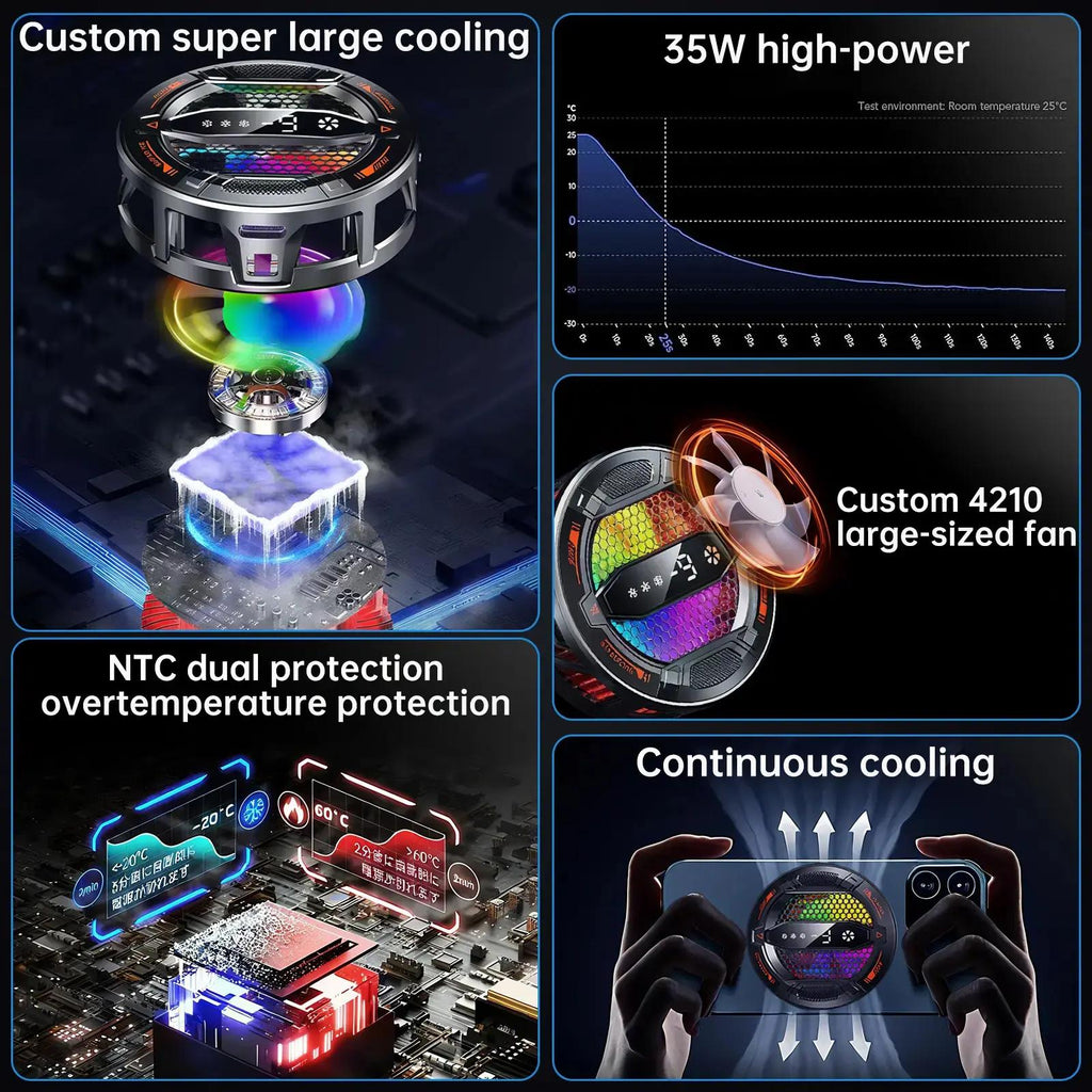 Clip-On Phone Cooler with RGB Lights, Semiconductor Cooling & 3-Speed Fan