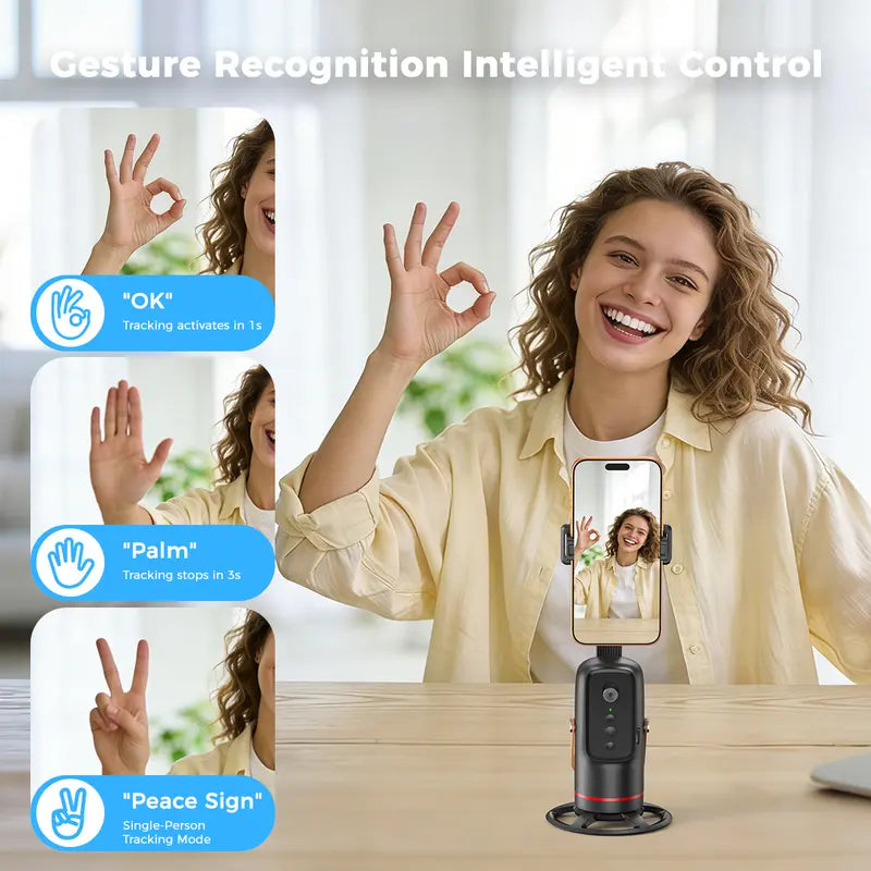Auto Face Tracking Tripod with Gesture Control, 360° Rotation Smart Phone Mount for Live Streaming