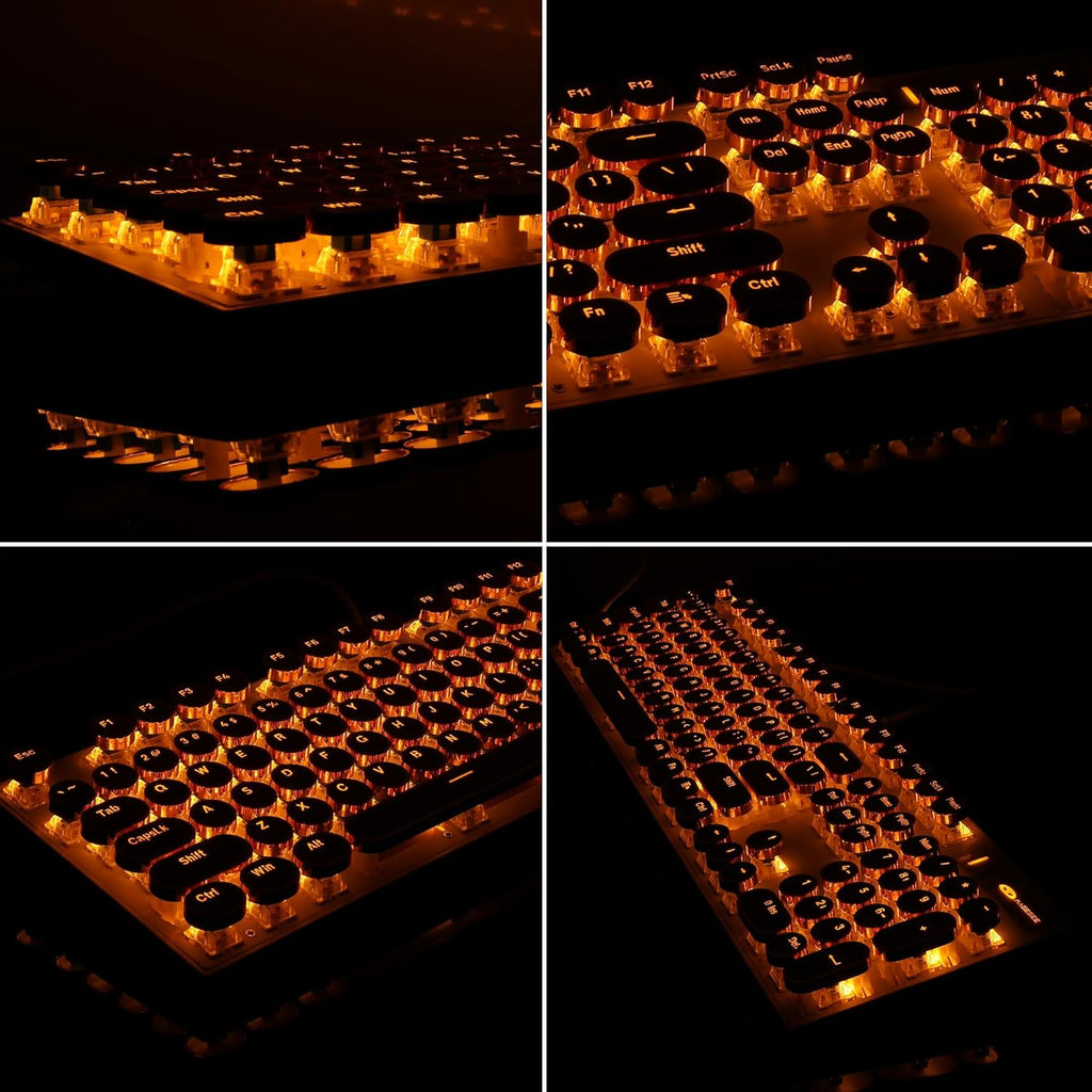 Camiysn Typewriter Style Mechanical Keyboard, Retro Punk Gaming Keyboard with Gold LED Backlit, Cute Wired Keyboards,104 Keys Full Size Keyboards, Uique Round Keycaps for Windows/Mac/PC(White&Gold)