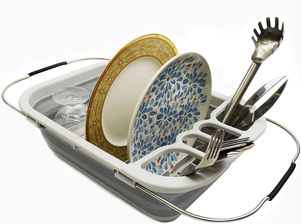 SAMMART Expandable & Collapsible Dish Drainer - Foldable Drying Rack Set - Portable Dinnerware Organizer - Space Saving Kitchen Storage Tray (1, Grey)