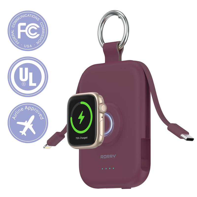 5000mAh Portable Charger with Built-in Cables and Keychain for Smartwatch and Phone