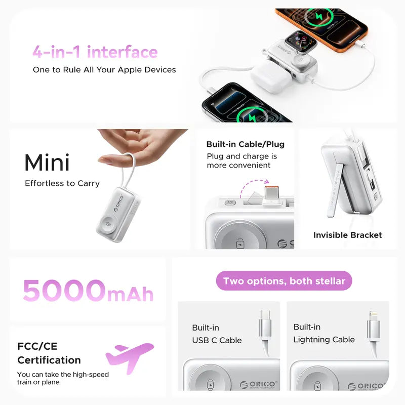 3-in-1 Folding Portable Power Bank with Integrated Cables, Smartwatch Wireless Charging, and Phone Stand