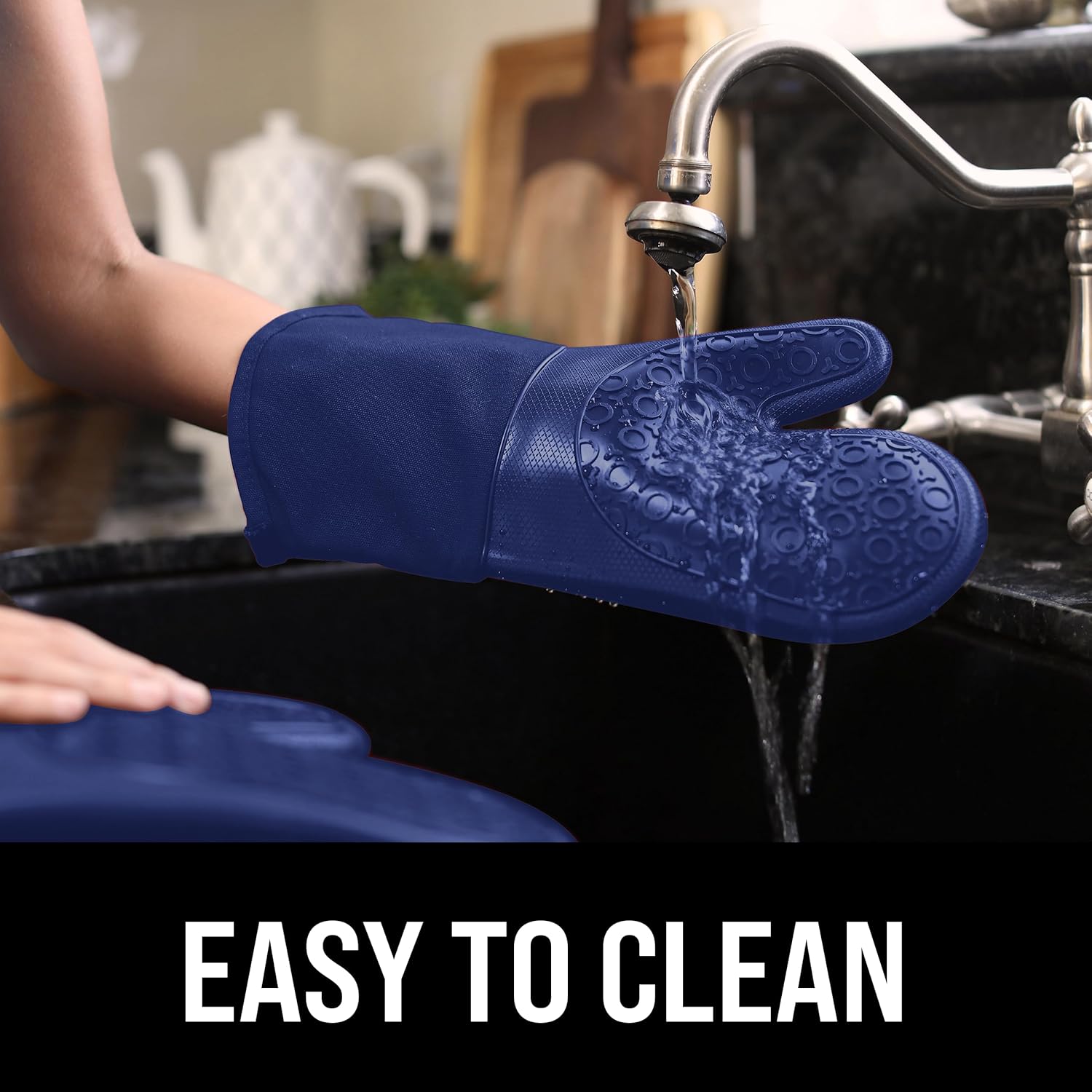 BPA-Free Soft Silicone Oven Mitts - Ultra Heat Resistant Oven Mitts with Thick Cotton Liner - Long Slip Resistant Pot Holders, Flexible Oven Gloves - Royal Blue 13.7"