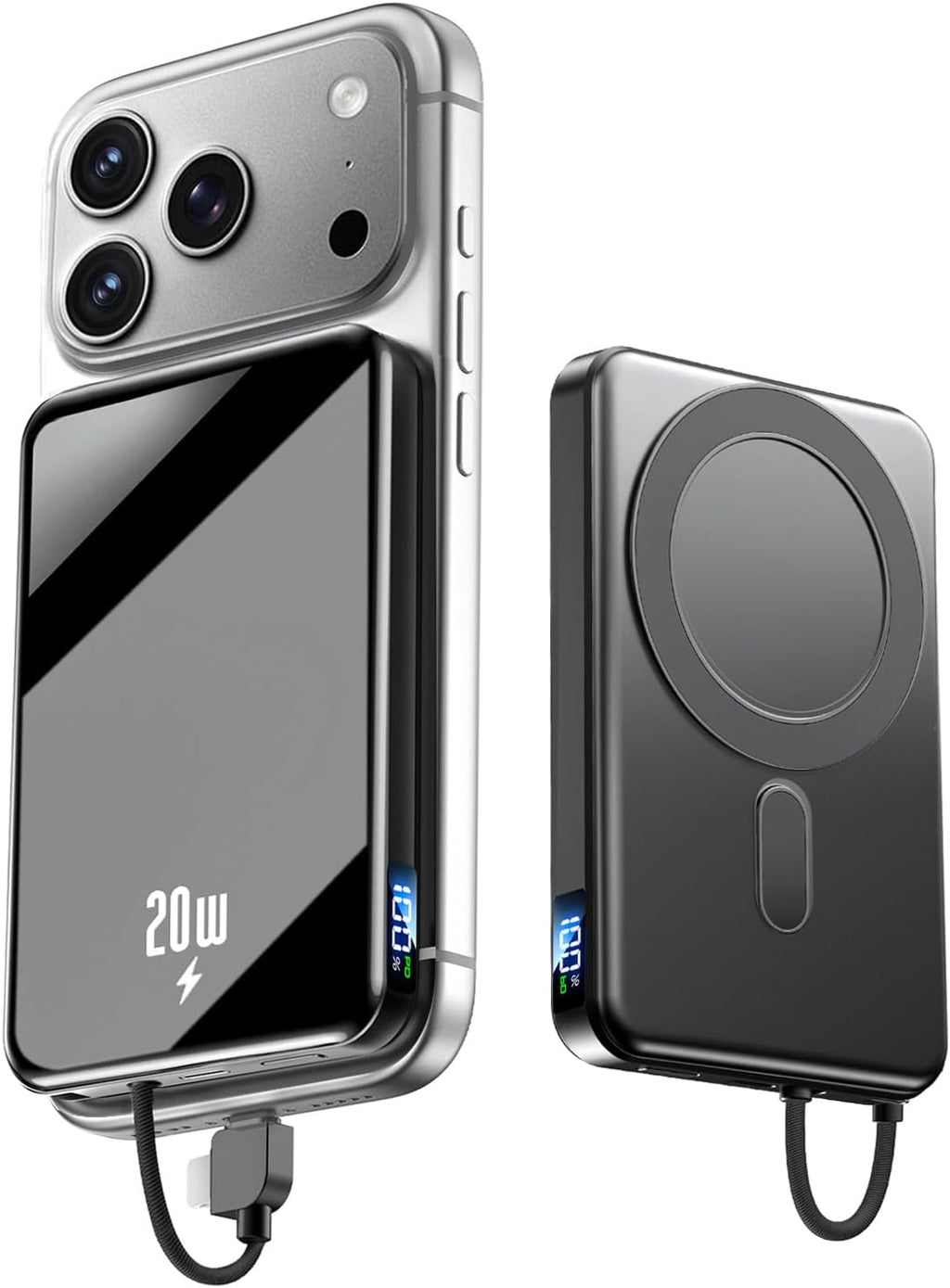 Portable Charger Power Bank, 10000mAh Phone Charger with Built-in Cable, 20W PD Fast Charging, Slim Battery Pack with LED Display, Travel Essential for iPhone 17/16/15/14 All Series, Black