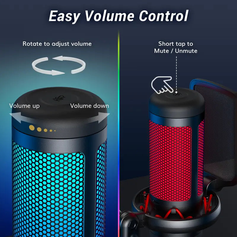 USB Condenser Streaming Gaming Microphone for PC, PS4/PS5 - RGB Lighting, 1-Tap Mute
