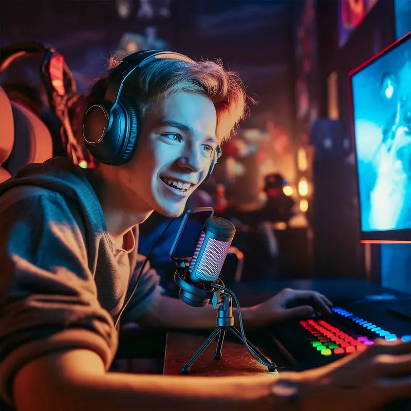 USB Condenser Streaming Gaming Microphone for PC, PS4/PS5 - RGB Lighting, 1-Tap Mute