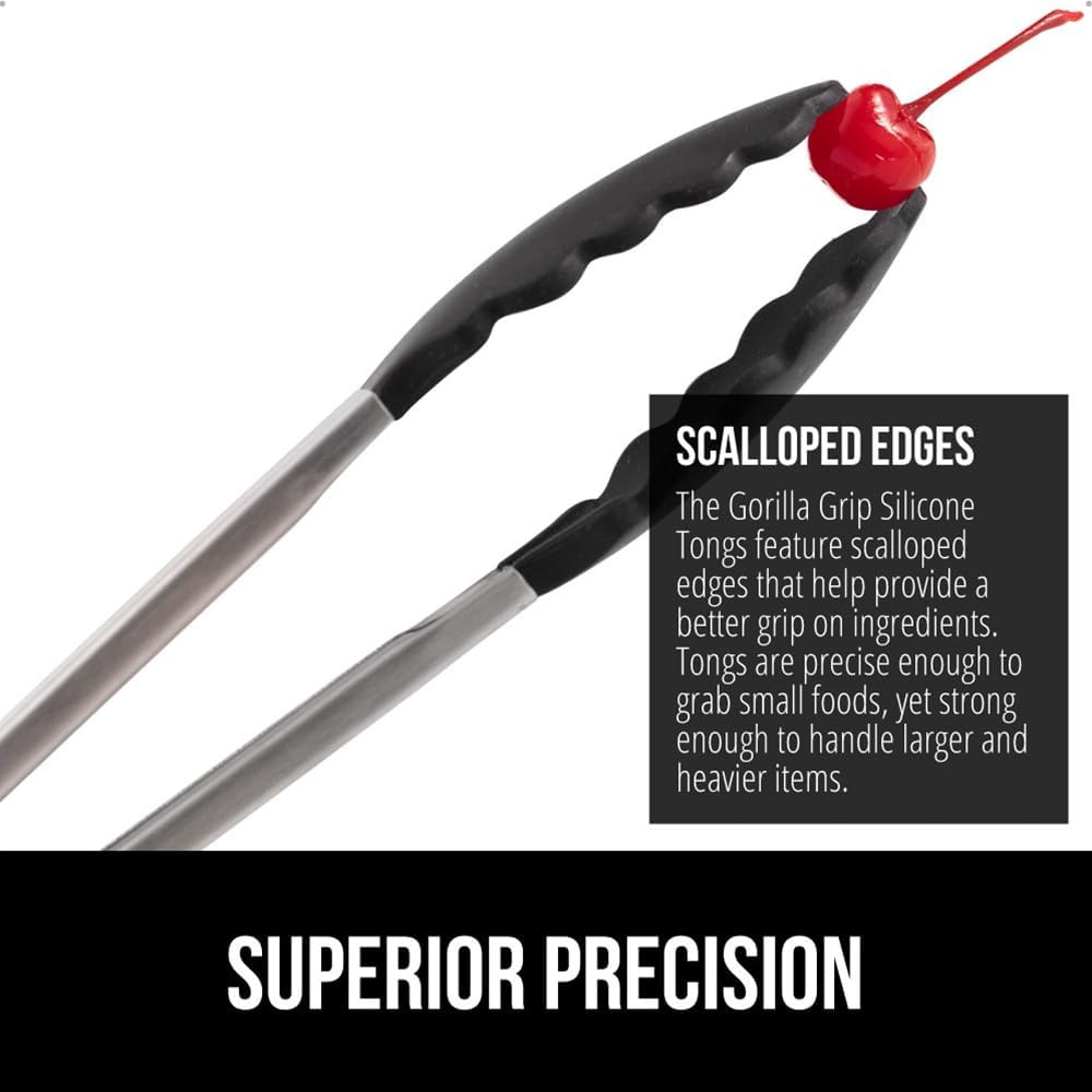 GORILLA GRIP Stainless Steel Heat Resistant Kitchen Tongs for Cooking, 12 + 14 Inch Set of 2 BBQ Tong, Non Scratch Silicone Tip for Pan, Strong Grip, Grab Food, Toss Salad, Air Fryer, Pull Lock, Black
