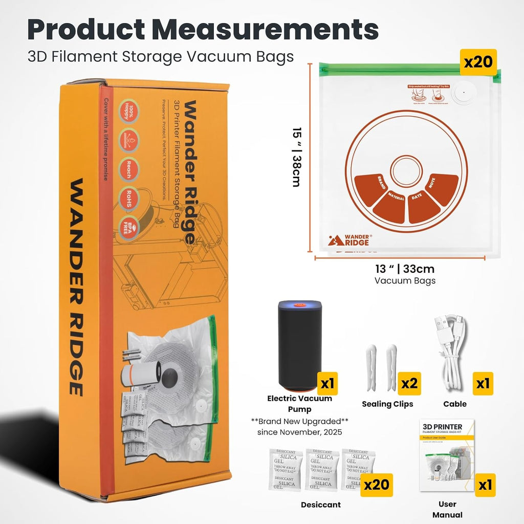 20 PCS 3D Printer Filament Vacuum Storage Bags Kit with Auto Pump and Desiccants