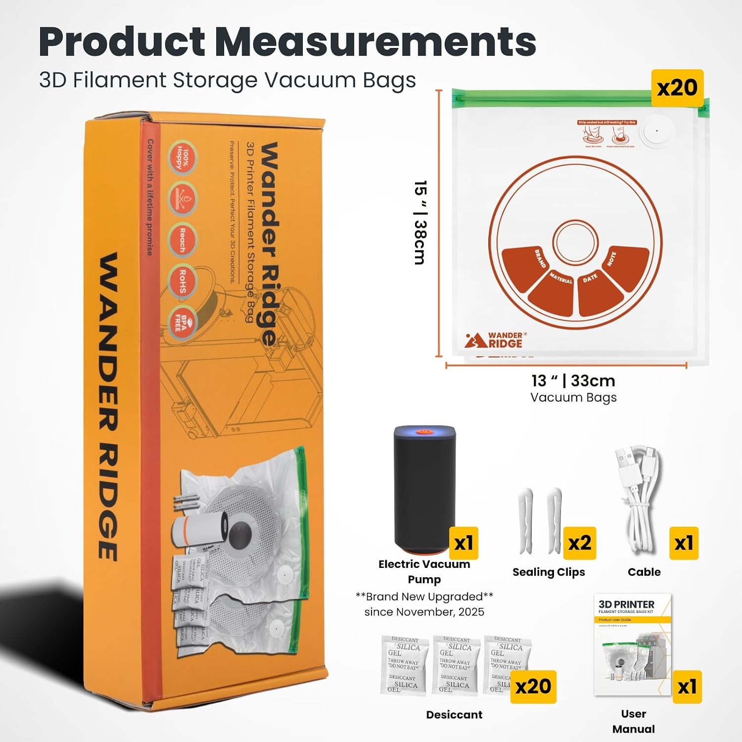 20 PCS 3D Printer Filament Vacuum Storage Bags Kit with Auto Pump and Desiccants