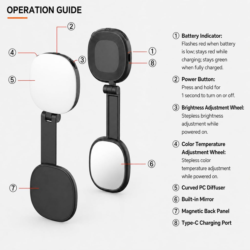 Magnetic Selfie Light with Mirror, 72 LEDs Stepless Brightness & Color Temperature, 360° Rotating Fill Light