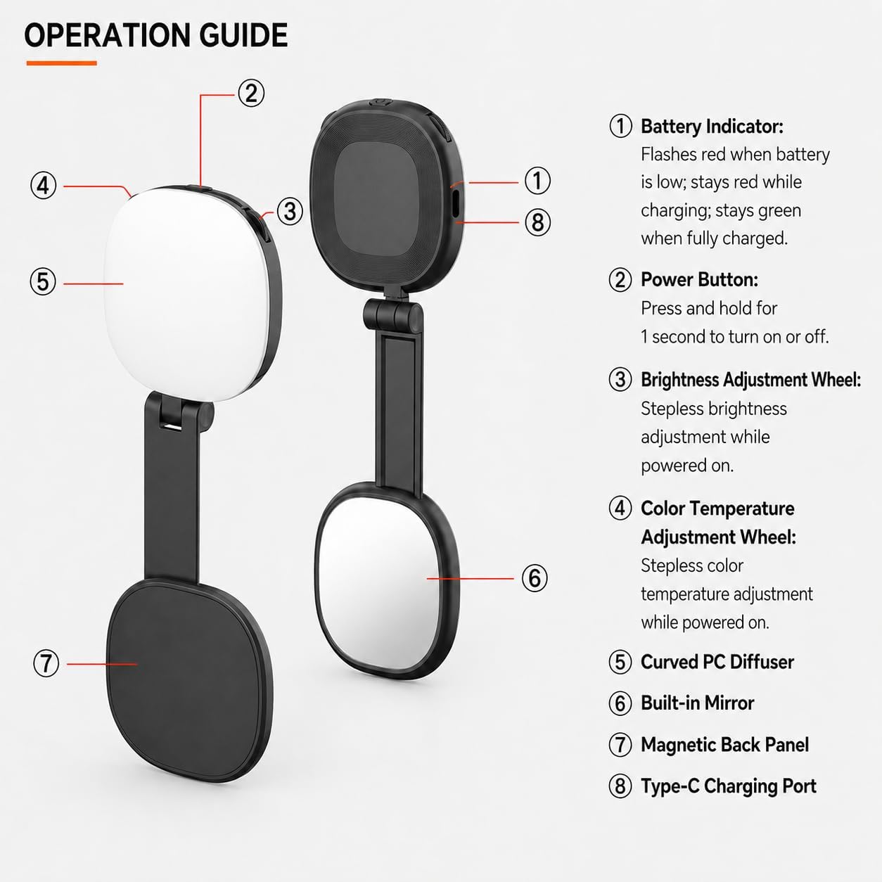 Magnetic Selfie Light with Mirror, 72 LEDs Stepless Brightness & Color Temperature, 360° Rotating Fill Light