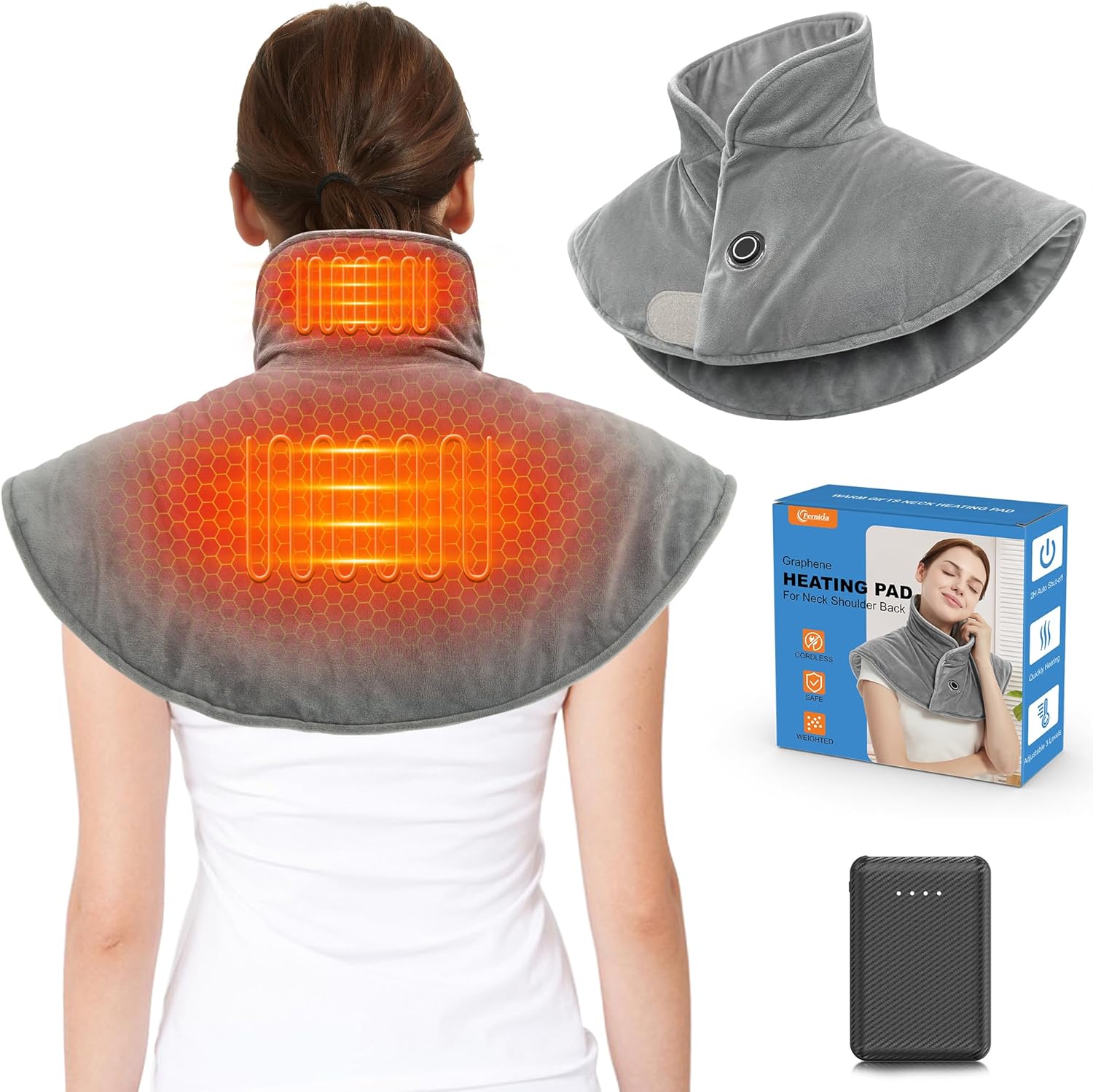 FERNIDA Neck Heating Pad with Battery & Weighted, Cordless USB Electric Heating Pad for Neck and Back Pain Relief, Grey