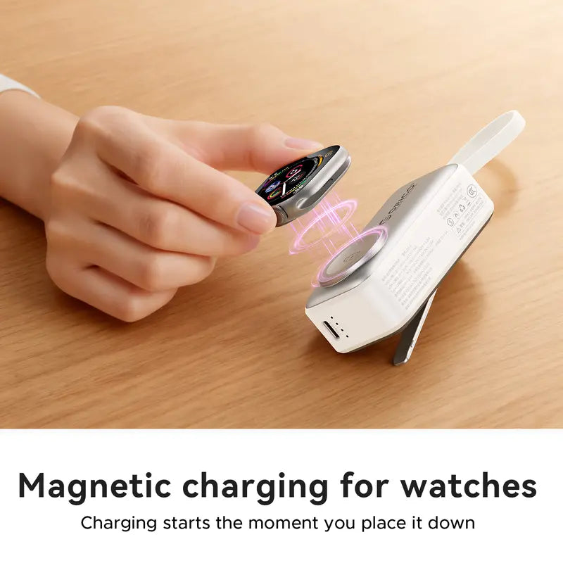 3-in-1 Folding Portable Power Bank with Integrated Cables, Smartwatch Wireless Charging, and Phone Stand