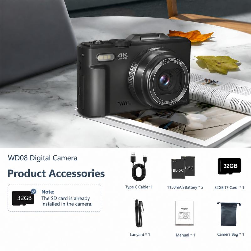4K Digital Camera with 64MP Resolution, 180° Flip Screen, and 18X Zoom