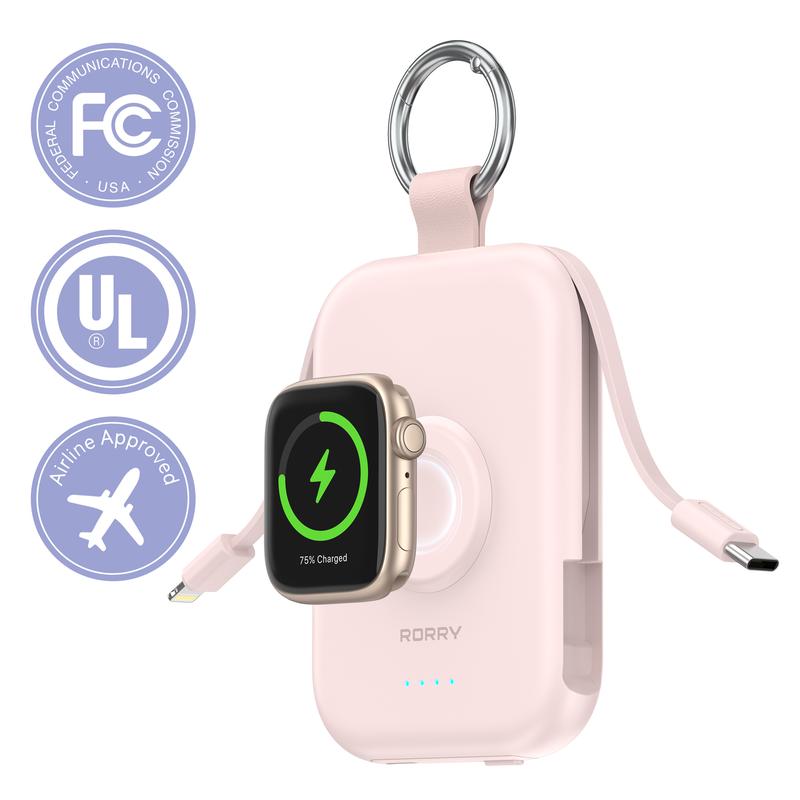 5000mAh Portable Charger with Built-in Cables and Keychain for Smartwatch and Phone