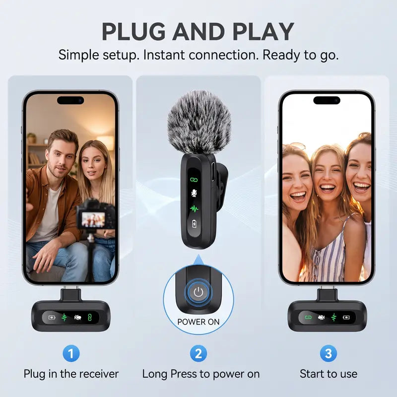 Wireless Lavalier Microphone 2-Pack for Smartphones and Tablets, Plug-and-Play Lapel Mic for Video Recording