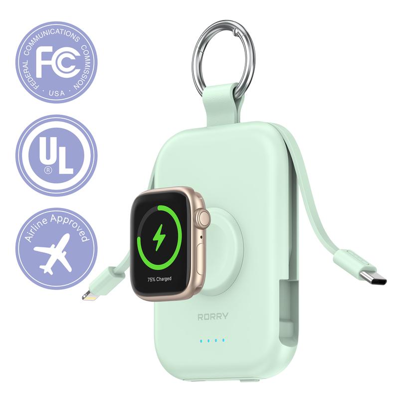 5000mAh Portable Charger with Built-in Cables and Keychain for Smartwatch and Phone