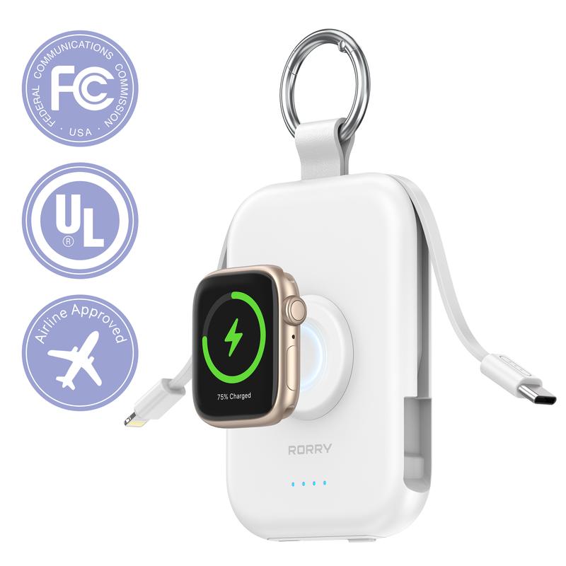 5000mAh Portable Charger with Built-in Cables and Keychain for Smartwatch and Phone