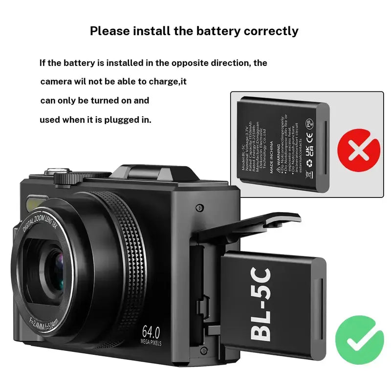 4K Digital Camera with 64MP Resolution, 180° Flip Screen, and 18X Zoom