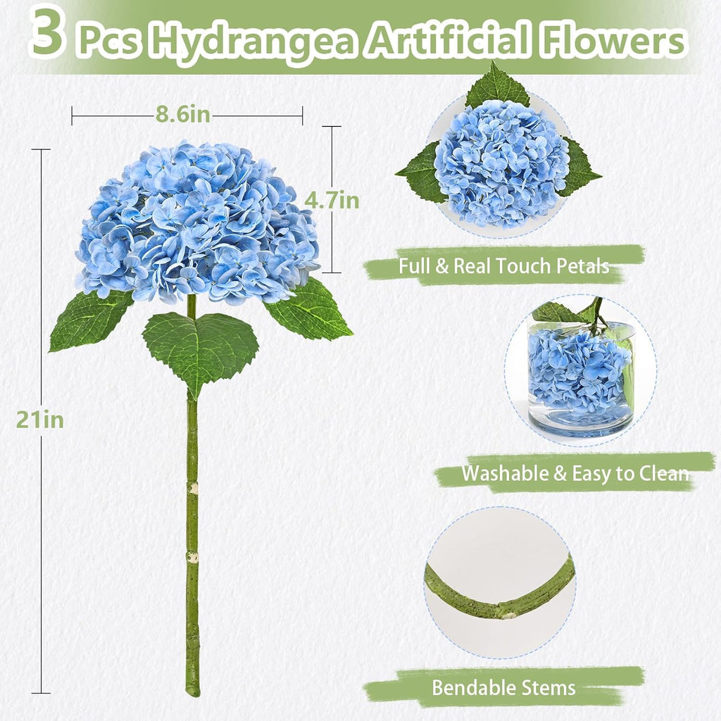 Yastouay 3 Pcs Real Touch Hydrangea Artificial Flowers, 21" Blue Full Faux Hydrangea Flowers Latex Fake Flowers for Home Decor Party Floral Arrangements Wedding Bouquets Centerpieces Outdoor Decor