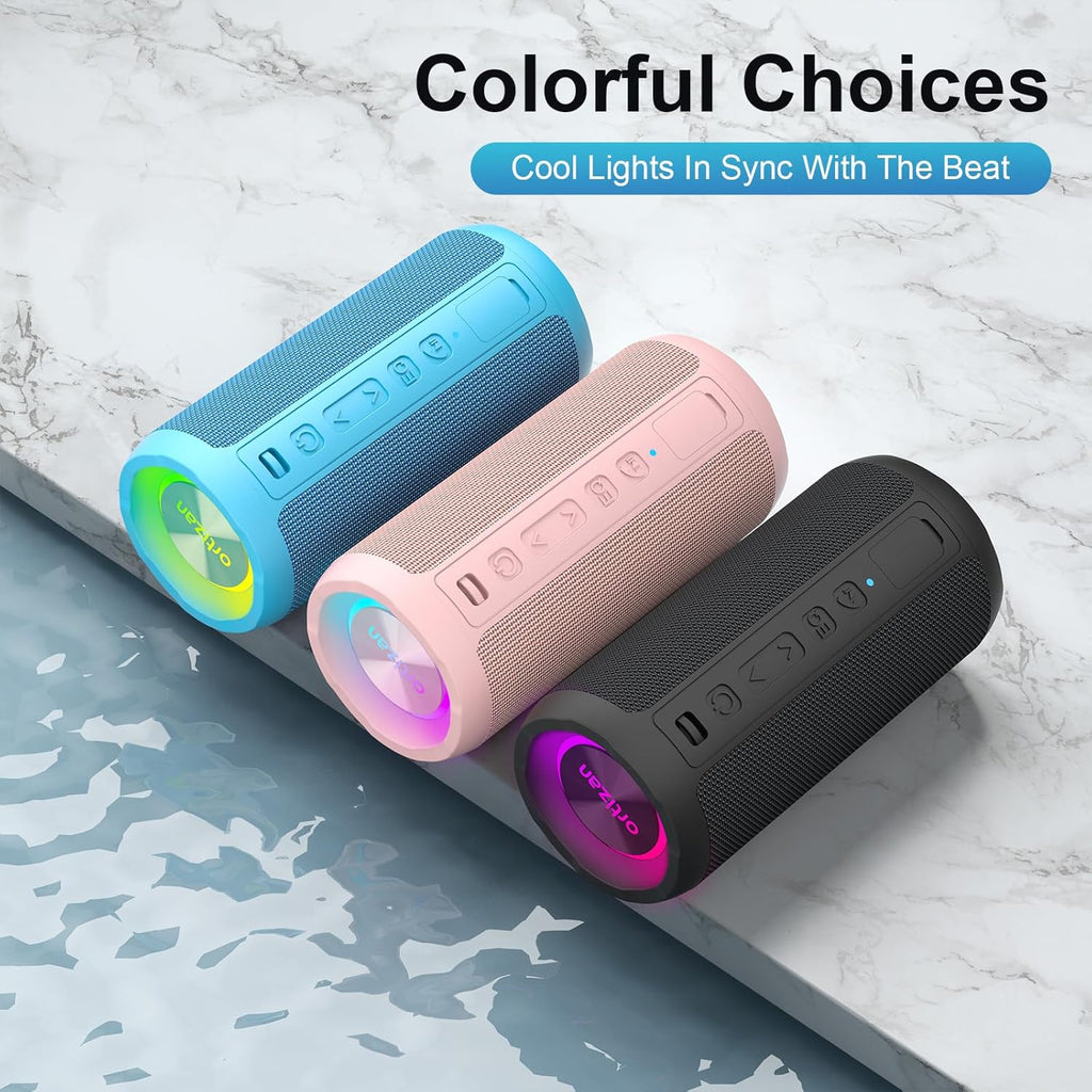 Ortizan Wireless Portable Bluetooth Speaker, IPX7 Waterproof, Dustproof and Rustproof, Powerful 24W Sound, Enhanced Bass, 30-Hour Battery, 360° Party Light, and Stereo Pairing (BT 5.3), Gifts - Blue