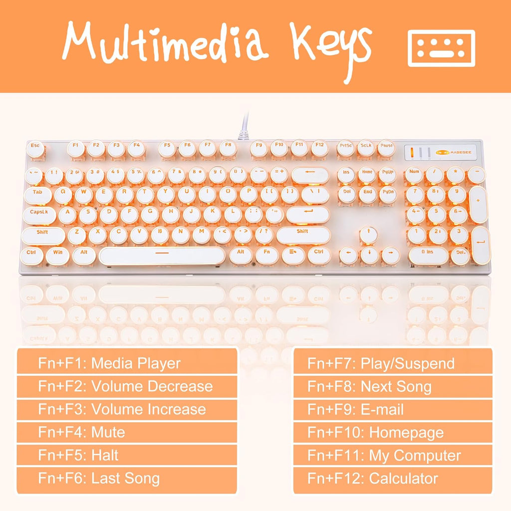 Camiysn Typewriter Style Mechanical Keyboard, Retro Punk Gaming Keyboard with Gold LED Backlit, Cute Wired Keyboards,104 Keys Full Size Keyboards, Uique Round Keycaps for Windows/Mac/PC(White&Gold)