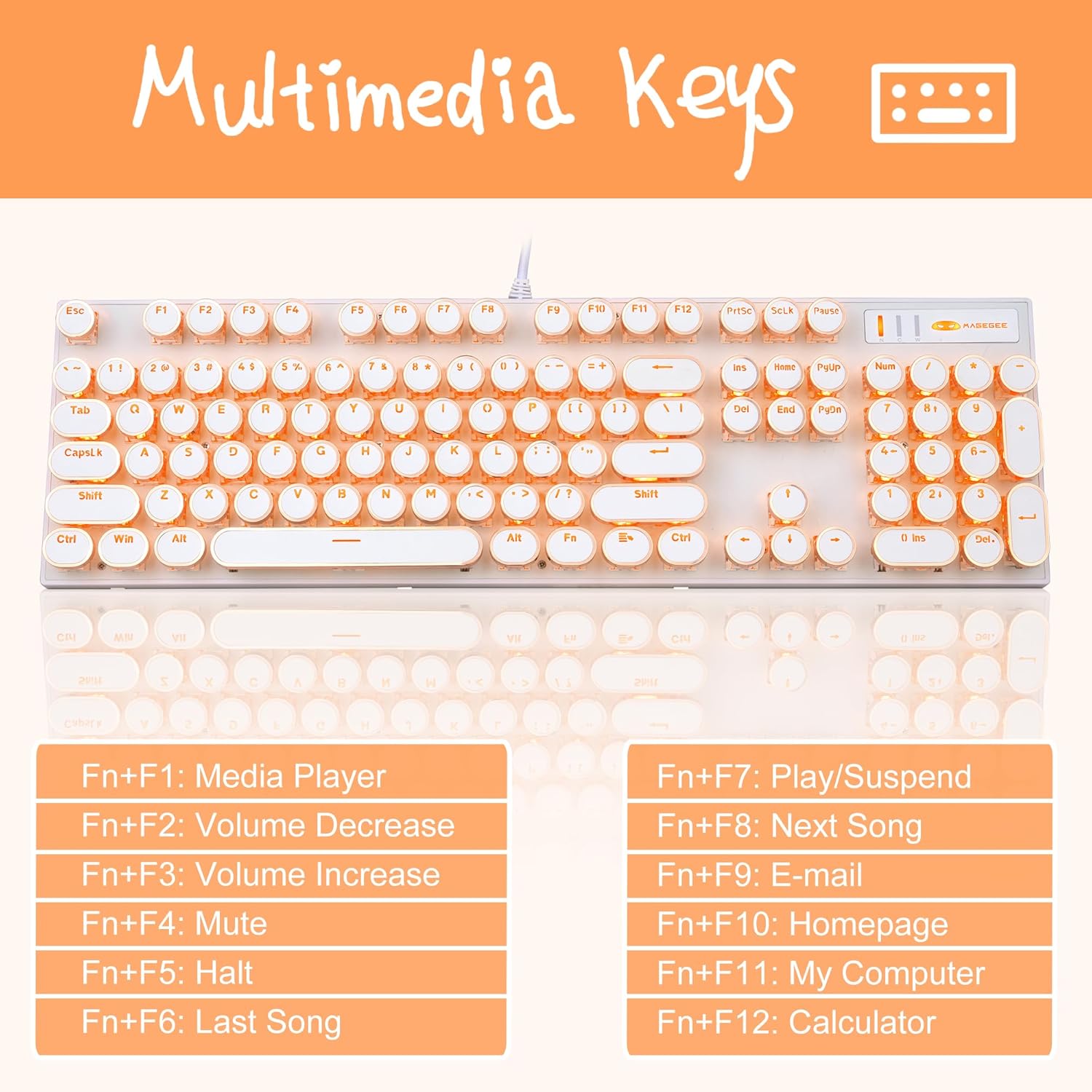 Camiysn Typewriter Style Mechanical Keyboard, Retro Punk Gaming Keyboard with Gold LED Backlit, Cute Wired Keyboards,104 Keys Full Size Keyboards, Uique Round Keycaps for Windows/Mac/PC(White&Gold)