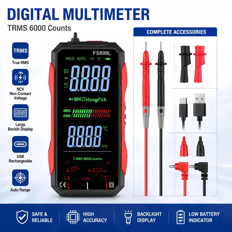 TRMS 6000-Count Digital Multimeter with 4.8-inch Color Display and USB Charging