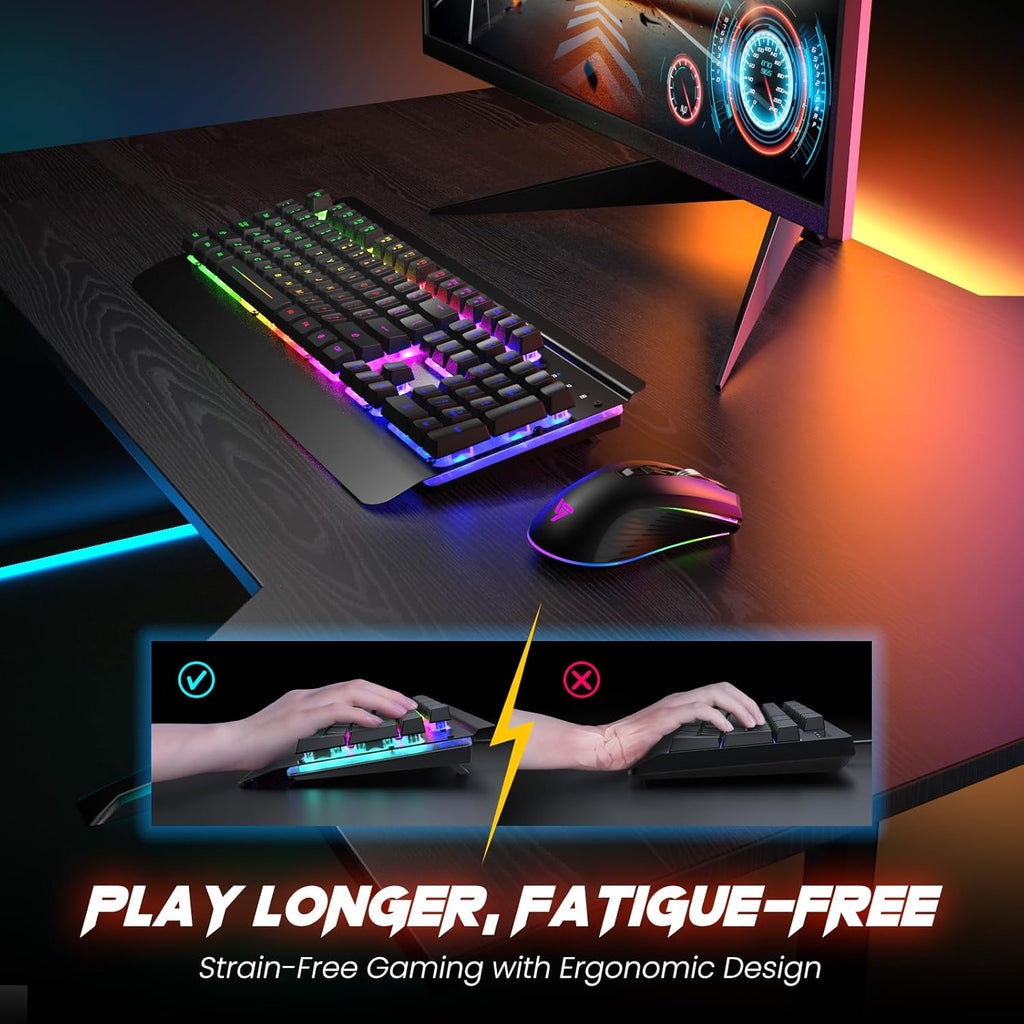 RisoPhy Wireless Gaming Keyboard and Mouse Combo, Metal Panel, 7 Color Backlits, Rechargeable 3200 mAh Battery, Wrist Rest, Sleep Mode, Light Up Keyboard + 7D 3200DPI Gaming Mice for PC Gamer
