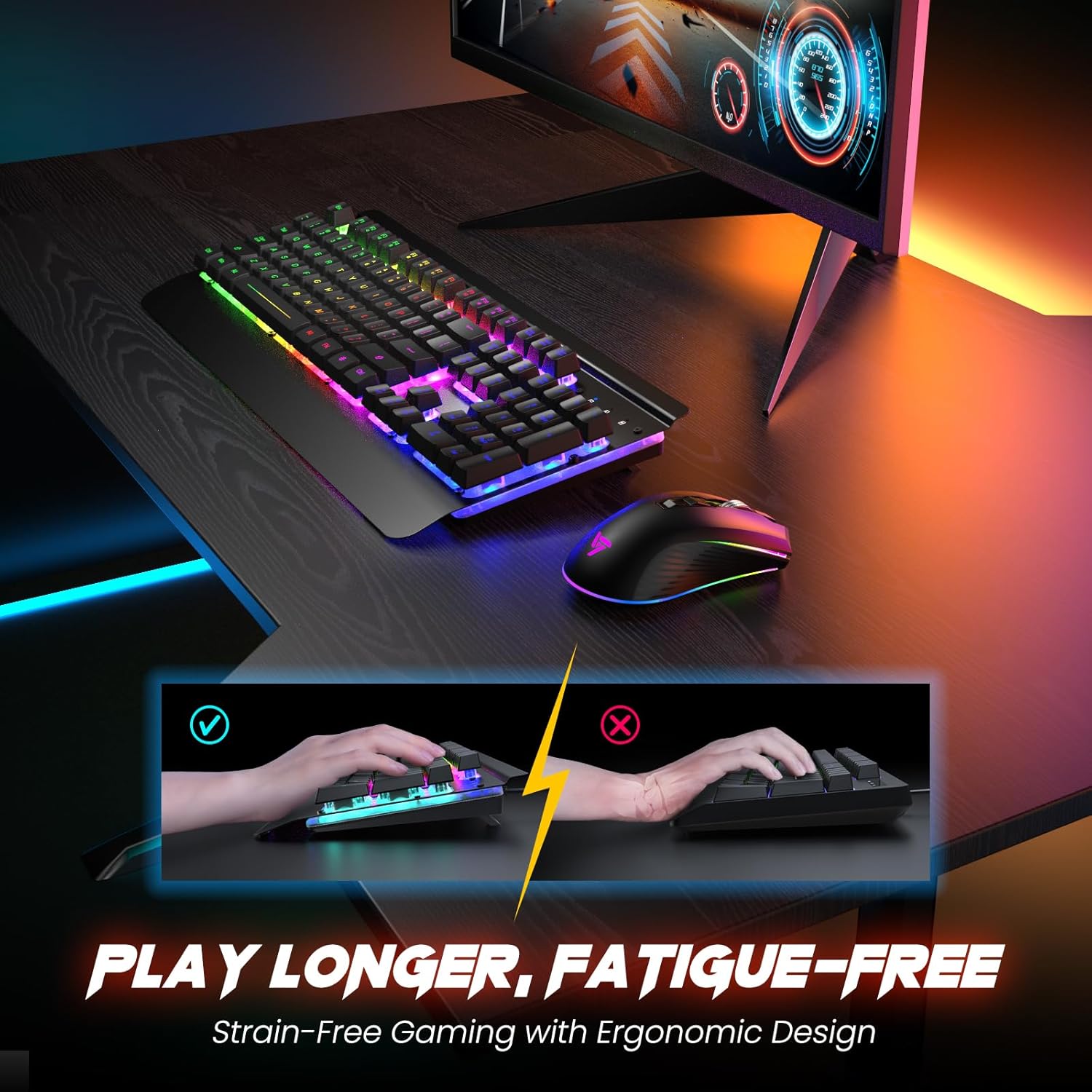 RisoPhy Wireless Gaming Keyboard and Mouse Combo, Metal Panel, 7 Color Backlits, Rechargeable 3200 mAh Battery, Wrist Rest, Sleep Mode, Light Up Keyboard + 7D 3200DPI Gaming Mice for PC Gamer