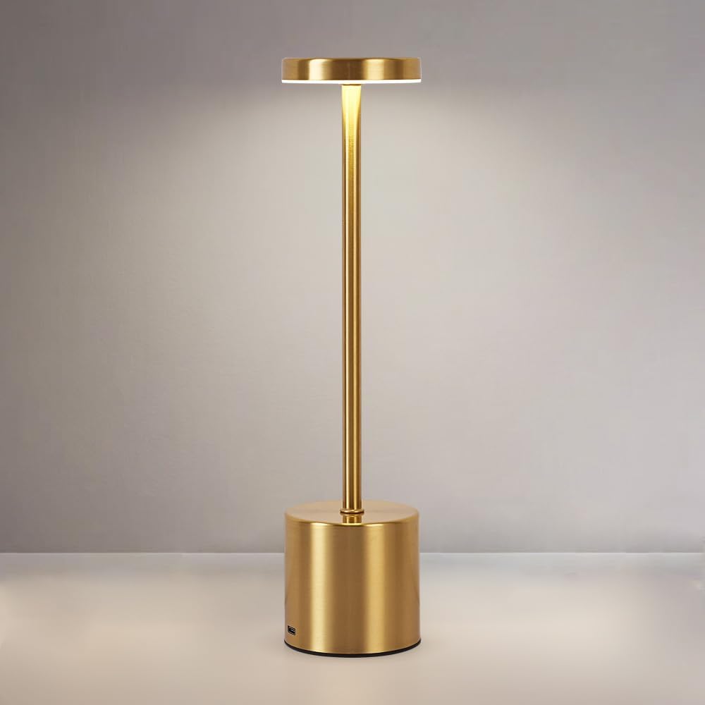 Rechargeable Cordless Table Lamp,Portable Outdoor 5000mAh Battery Operated LED Table Light Touch Control 3 Color Dimmable for Bedroom,Patio,Cofee,Camping,Dining,Restaurant&Livingroom-Gold