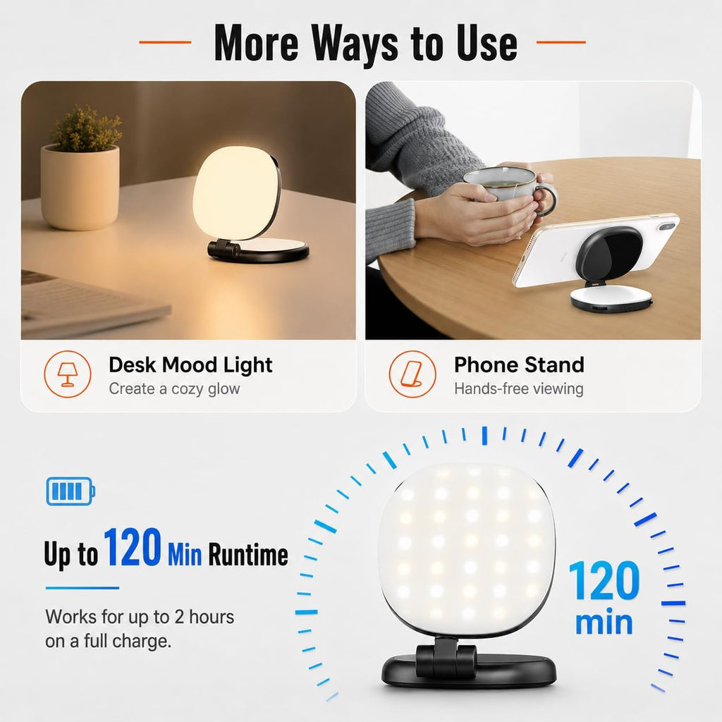 Magnetic Selfie Light with Mirror, 72 LEDs Stepless Brightness & Color Temperature, 360° Rotating Fill Light