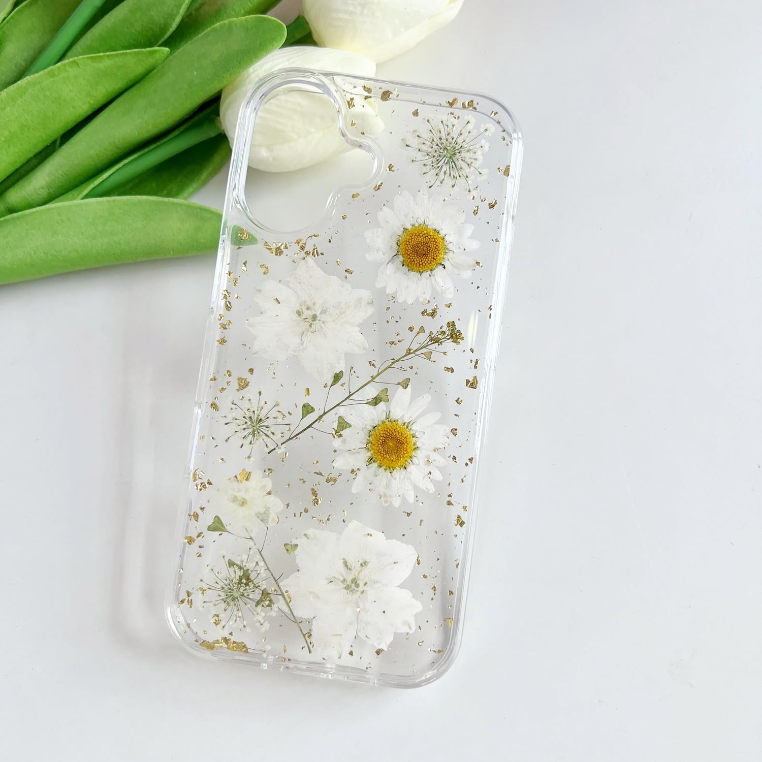 Clear Case for iPhone 17 with Pressed Real Flowers Design, Glitter White Floral Soft TPU Protective Cover