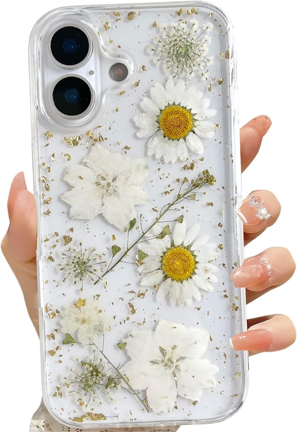 Clear Case for iPhone 17 with Pressed Real Flowers Design, Glitter White Floral Soft TPU Protective Cover