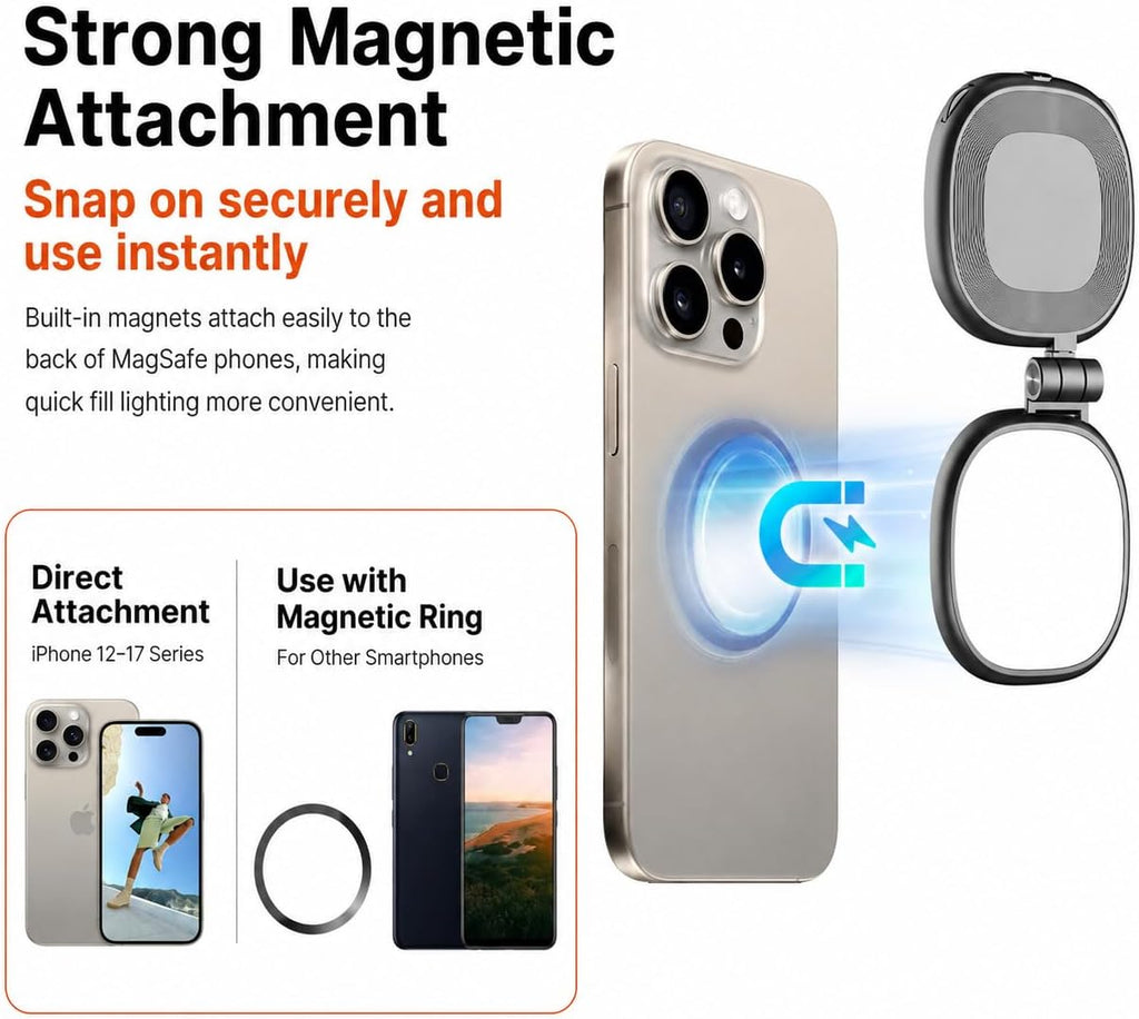 Magnetic Selfie Light with Mirror, 72 LEDs Stepless Brightness & Color Temperature, 360° Rotating Fill Light