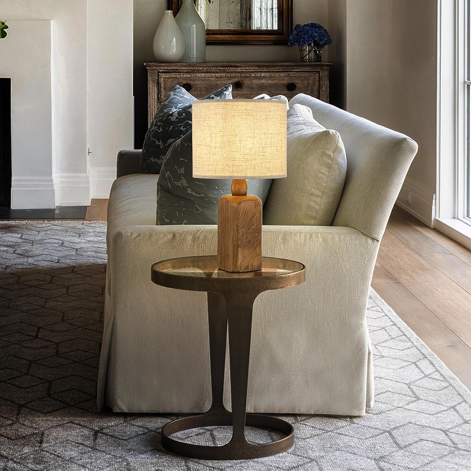 ALOADECOR 18" Farmhouse Small Table Lamp with Honey Natural Wood Base Classic Beige Fabric Drum Shade Bedside Lamp Traditional Desk Lamp for Home Office Foyer Living Room