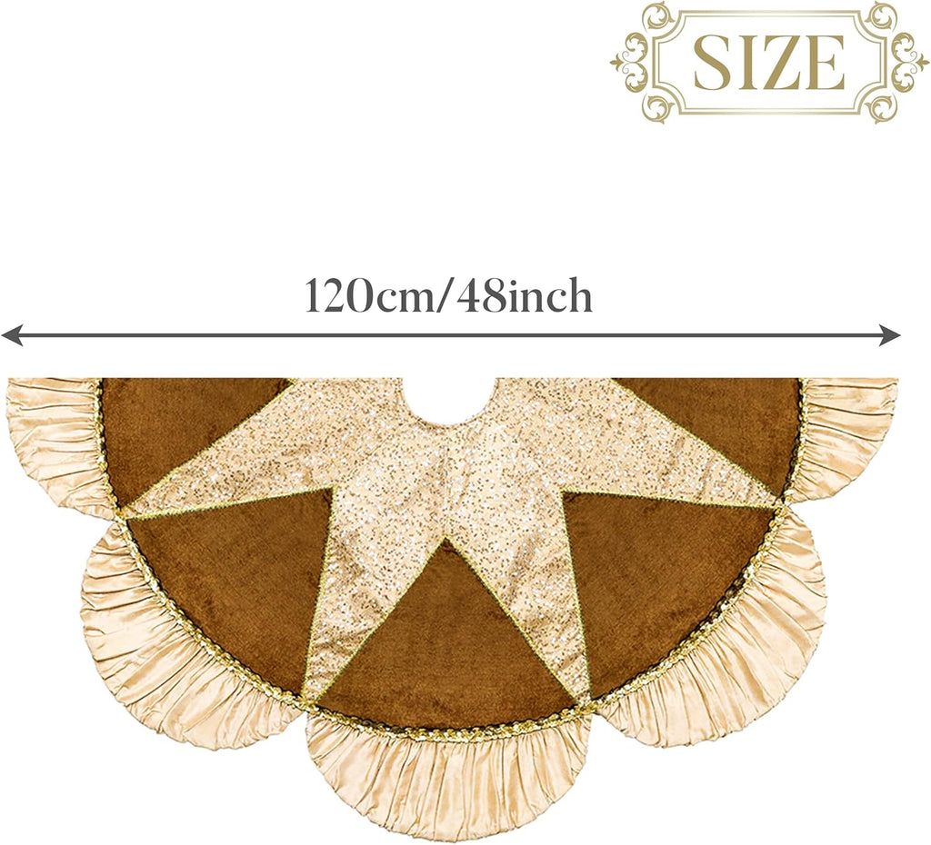 Valery Madelyn Christmas Tree Skirt for Tree Decorations, 48 inch Luxury Sparking Gold Large Xmas Velvet Tree Skirt with Starshaped Sequins Pattern & Ruffle Trim for Chritmas Decor