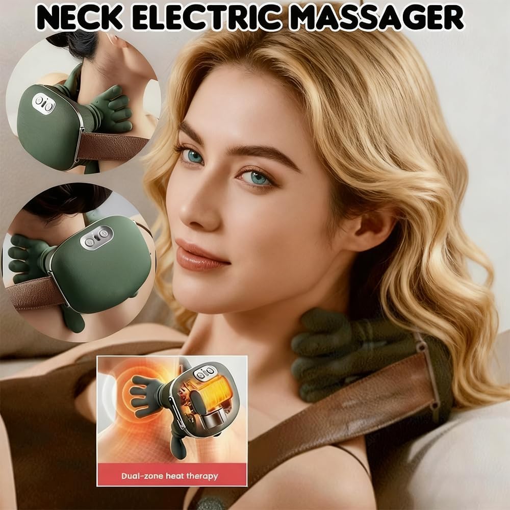 Massager, Real Hand Simulation Shiatsu Deep Tissue Electric Massager for Neck, Back & Shoulders, 3D Kneading, 3-Speed Adjustable USB Rechargeable (Green)