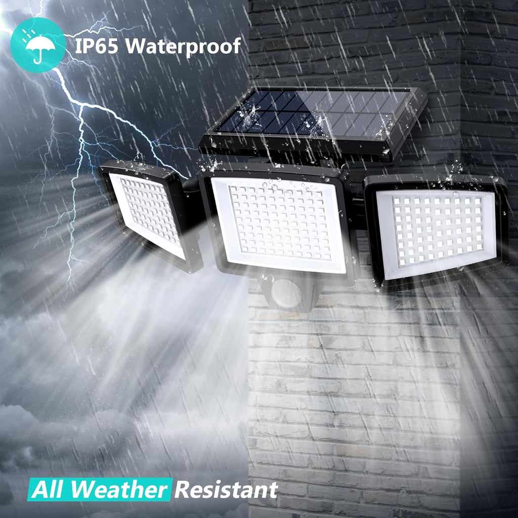 Solar Outdoor Lights 2500LM 210 LED Security Lights with Remote Control,3 Heads Motion Sensor Lights, IP65 Waterproof,270° Wide Angle Flood Wall Lights with 3 Modes