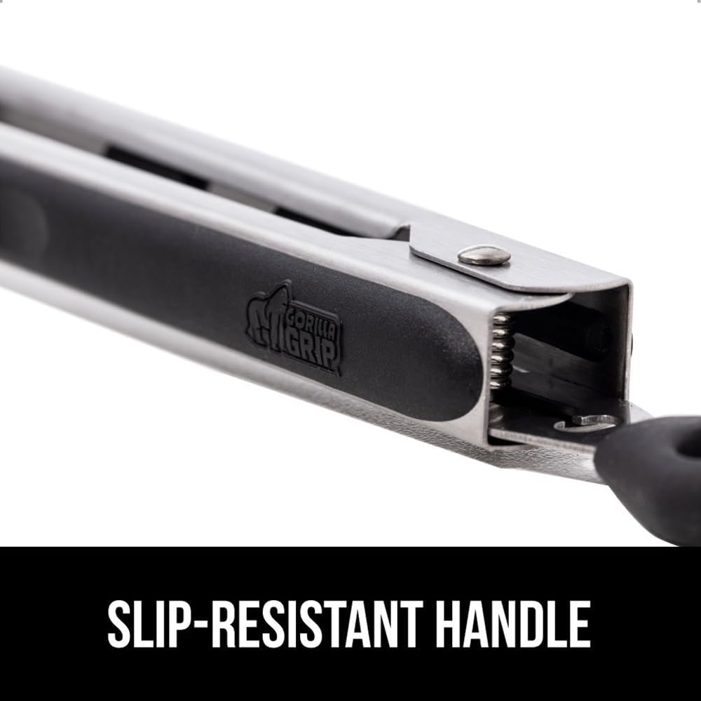 GORILLA GRIP Stainless Steel Heat Resistant Kitchen Tongs for Cooking, 12 + 14 Inch Set of 2 BBQ Tong, Non Scratch Silicone Tip for Pan, Strong Grip, Grab Food, Toss Salad, Air Fryer, Pull Lock, Black