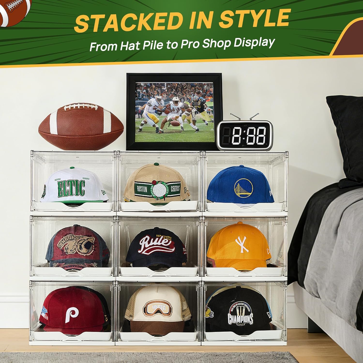 2 Pack Clear Hat Organizer Drawer for Baseball Caps, Stackable Display Case with Magnetic Door