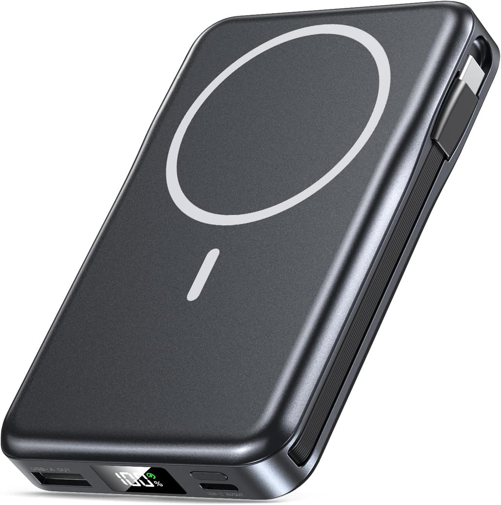 Magnetic Portable Charger, 10000mAh Power Bank, 5 in 1 Portable Charger with Built in Cable, 20W Fast Charging for Magsafe Battery Pack Compatible with iPhone 17/16/15/14/13/12 Pro/Pro Max-Black