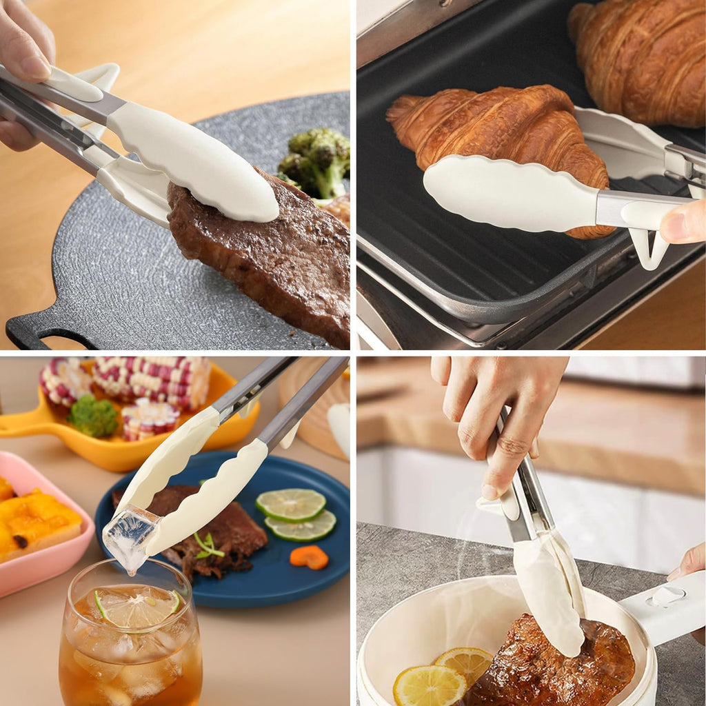 Kitchen Tongs, 9 Inch Tongs for Cooking with Silicone Tips, Food Grade Small Silicone Tongs, Mini Serving Tongs for Nonstick Pans, BBQ, Salad, Set of 3, White