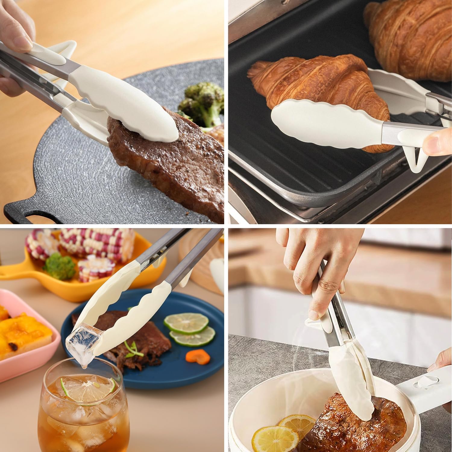 Kitchen Tongs, 9 Inch Tongs for Cooking with Silicone Tips, Food Grade Small Silicone Tongs, Mini Serving Tongs for Nonstick Pans, BBQ, Salad, Set of 3, White