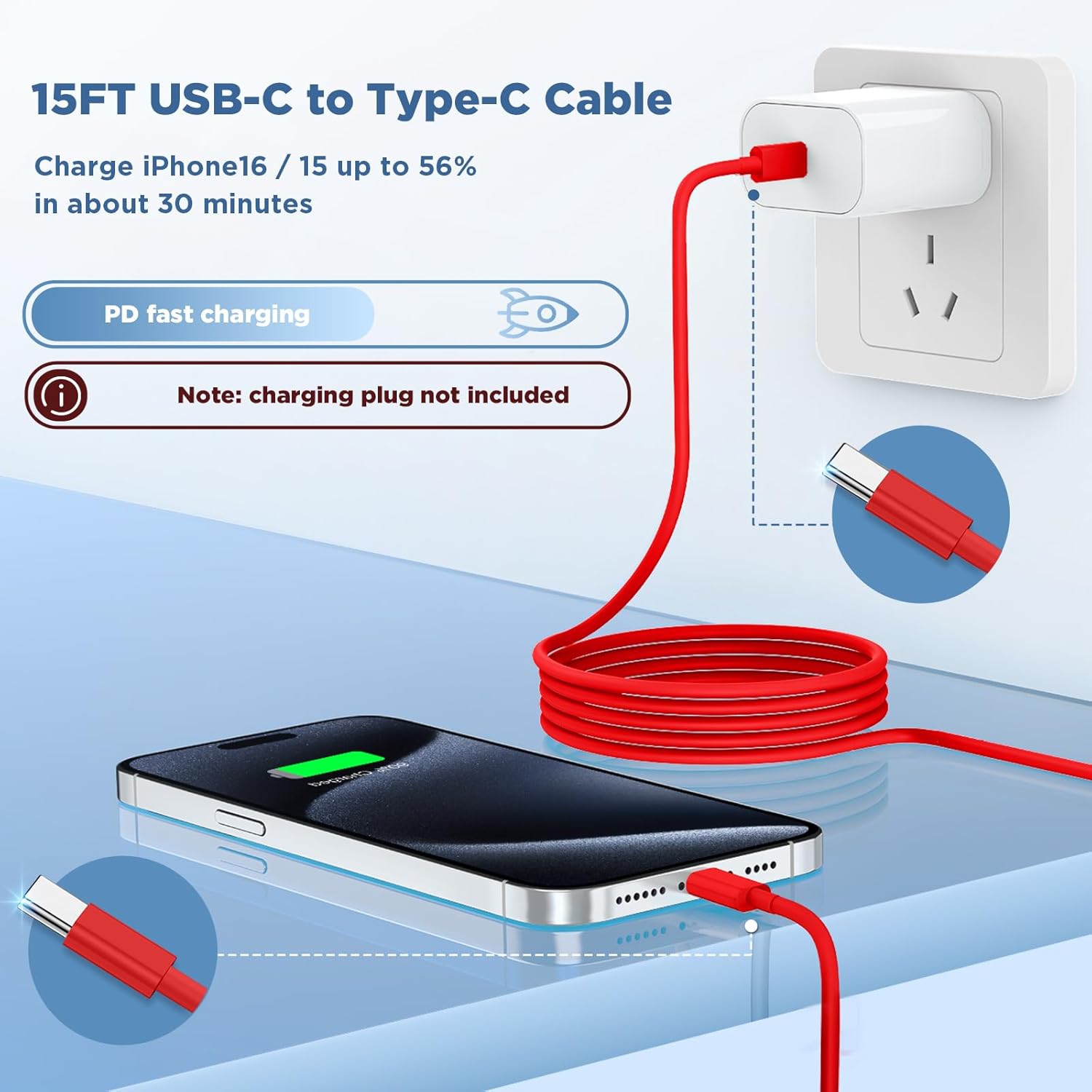 Long USB C to USB C Cable 15FT for iPhone 17 16 15 Pro Max,60W Fast Charging Type C to Type C Charger Cord for iPhone 17 16 15/16 15 Plus/17 Air/17 16 15 Pro, iPad Pro/Air,MacBook,Galaxy S25-Red