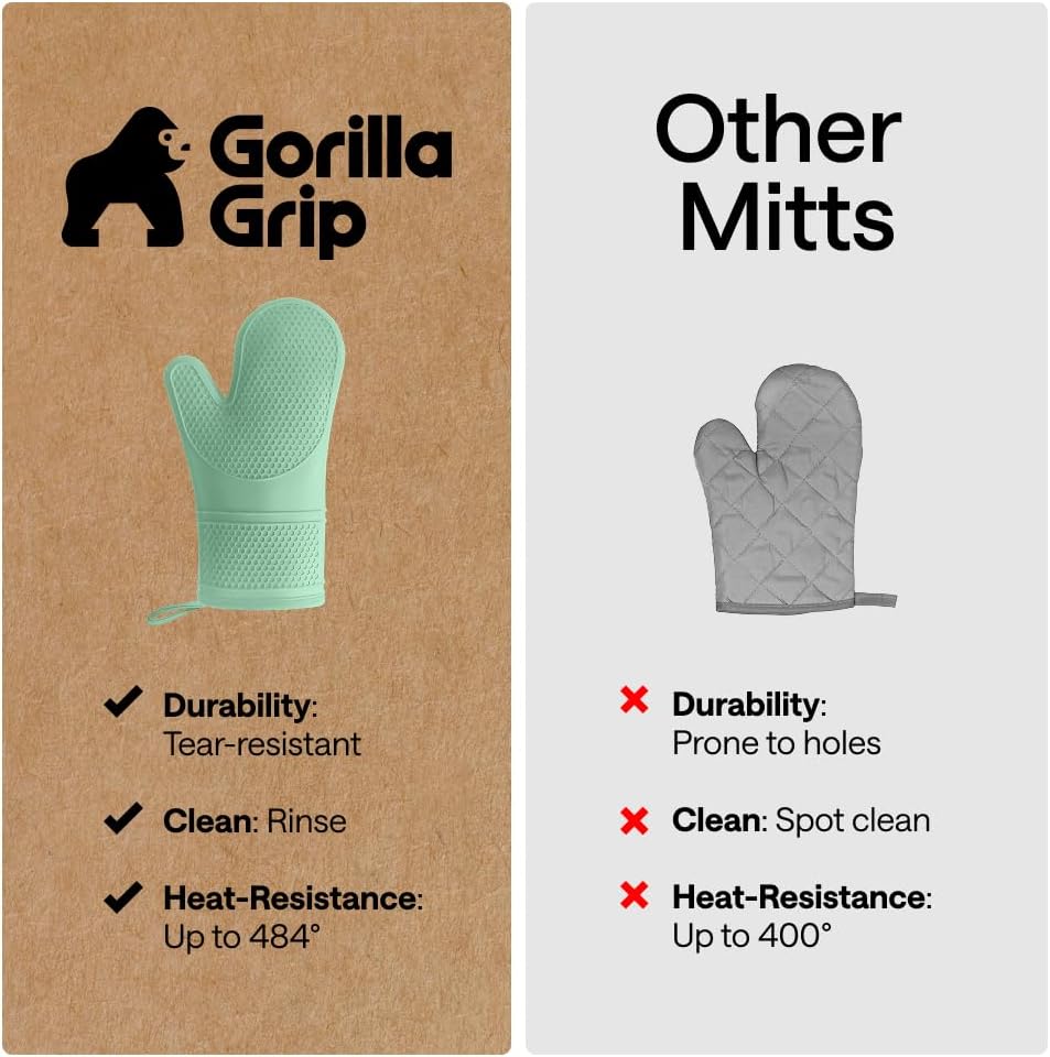 GORILLA GRIP BPA-Free Soft Silicone Oven Mitts, Heat Resistant and Waterproof Cooking Gloves, Thick Cotton Lining, Flexible Gripping for Baking Grilling, Kitchen Potholders Set of 2, 12.5x8.3, Mint