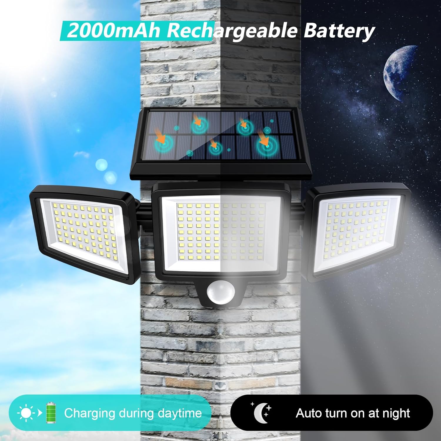 Solar Outdoor Lights 2500LM 210 LED Security Lights with Remote Control,3 Heads Motion Sensor Lights, IP65 Waterproof,270° Wide Angle Flood Wall Lights with 3 Modes
