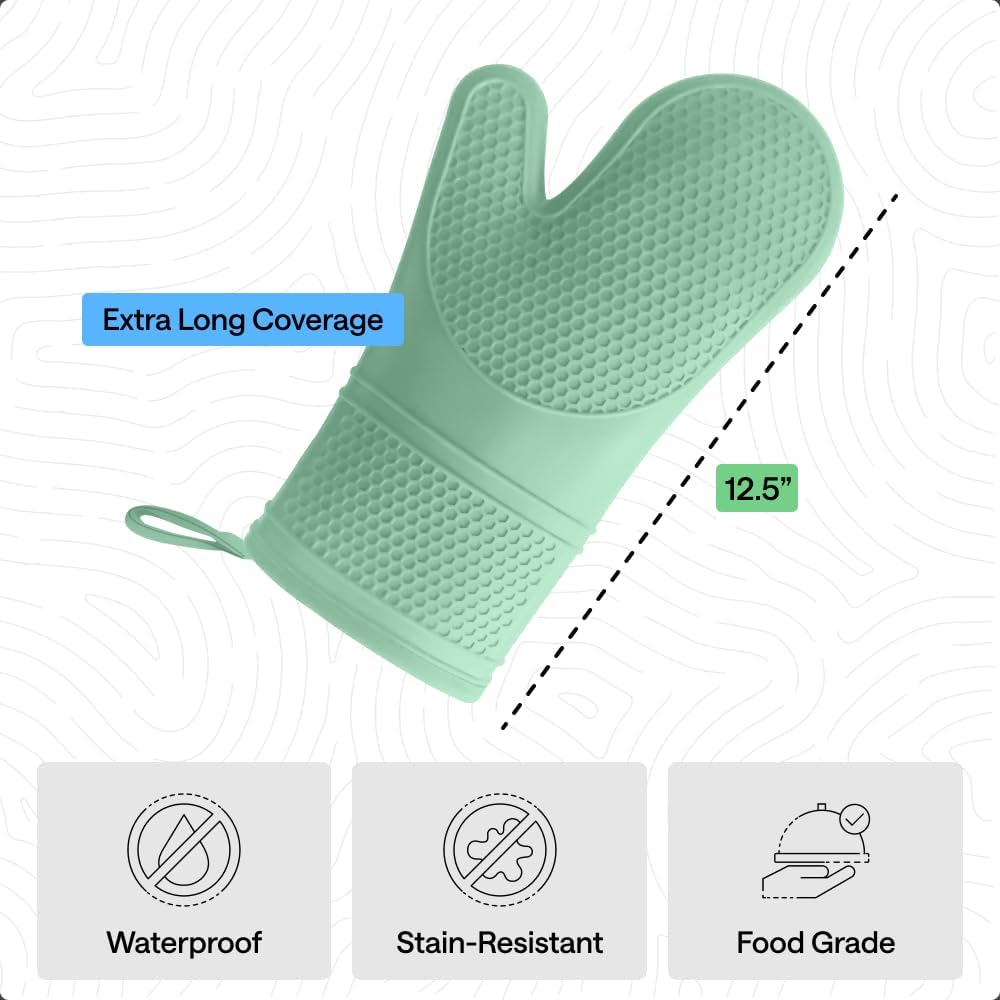 GORILLA GRIP BPA-Free Soft Silicone Oven Mitts, Heat Resistant and Waterproof Cooking Gloves, Thick Cotton Lining, Flexible Gripping for Baking Grilling, Kitchen Potholders Set of 2, 12.5x8.3, Mint