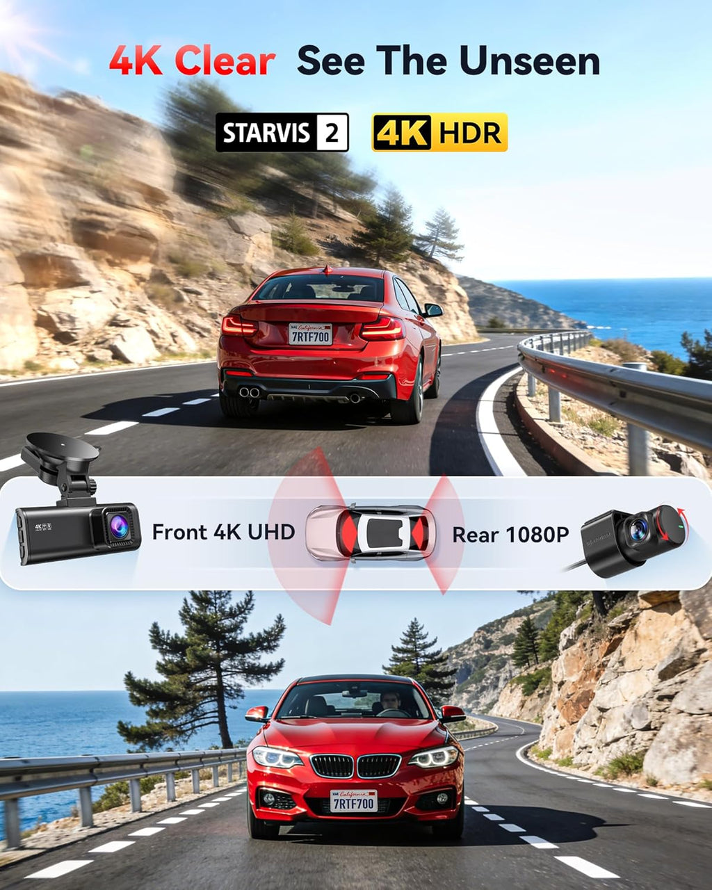4K Front and 1080P Rear Dual Dash Cam with STARVIS 2 Sensor, 5.8GHz WiFi, GPS, and Night Vision